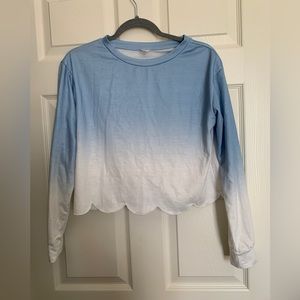Blue to White Ombré Long Sleeve Crop Top with Scalloped Hem - Size M